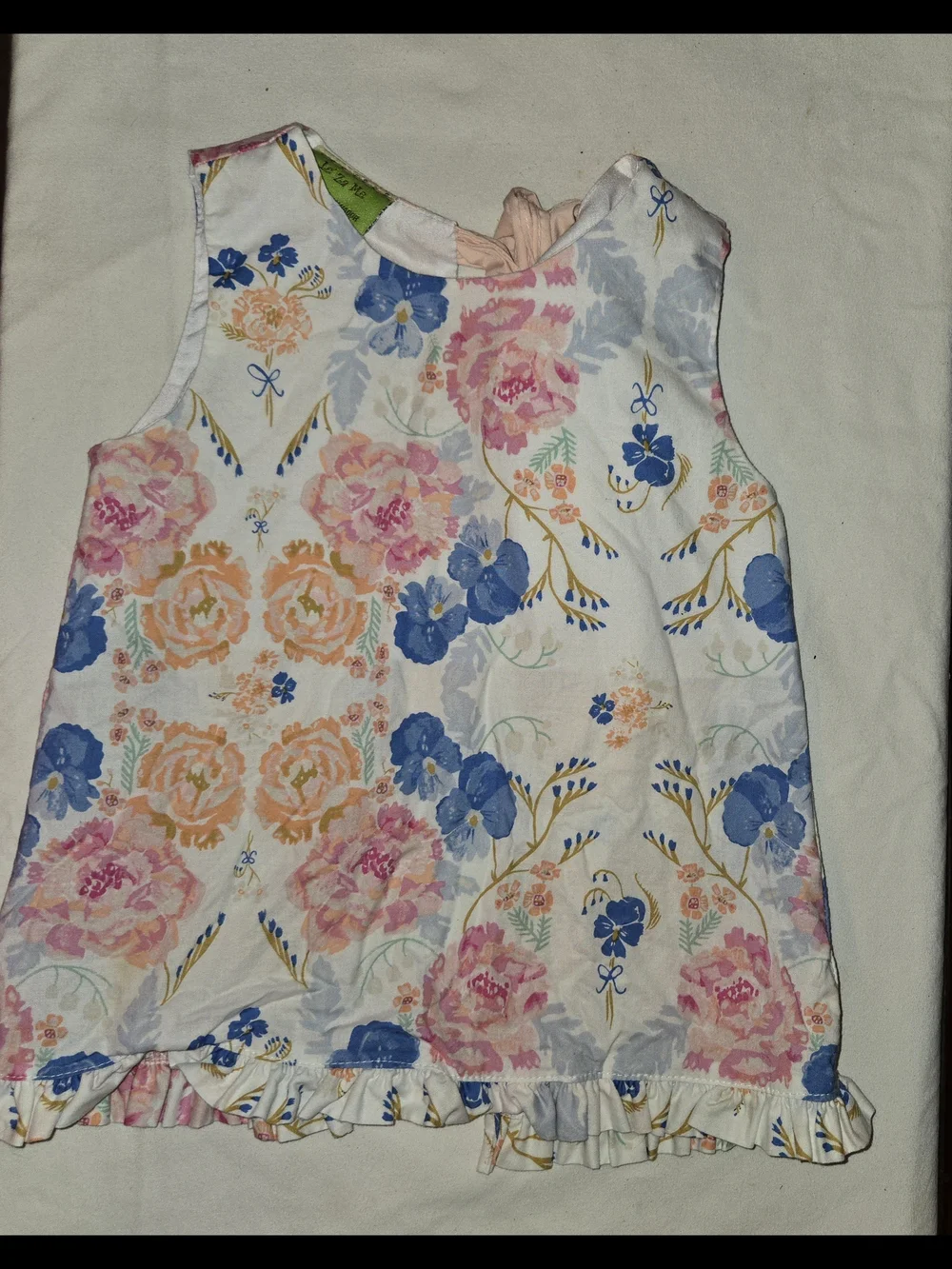 Le Za Me Girls Floral Ruffle Hem Tank - White with Pink & Blue Flowers Sz 24M